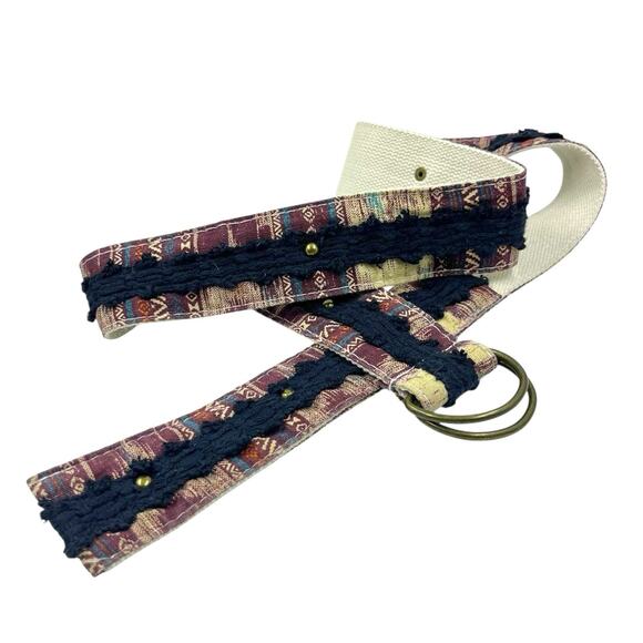 BOHO AZTEC WIDE O RING BELT WESTERN STUDDED FRINGE FABRIC BURGUNDY NAVY SIZE XL - Picture 1 of 5